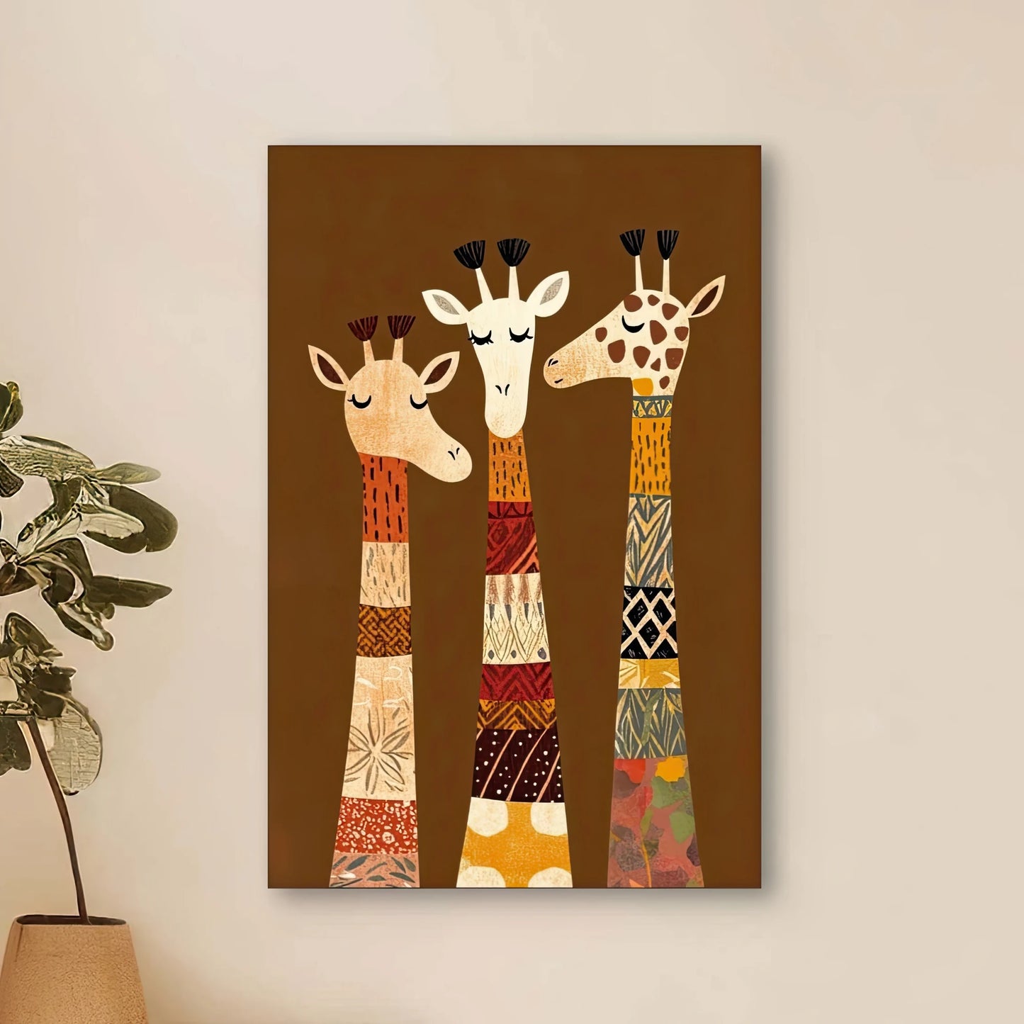 Detail van giraffen met kleurrijke patchwork-patronen en speelse gezichtsuitdrukkingen
