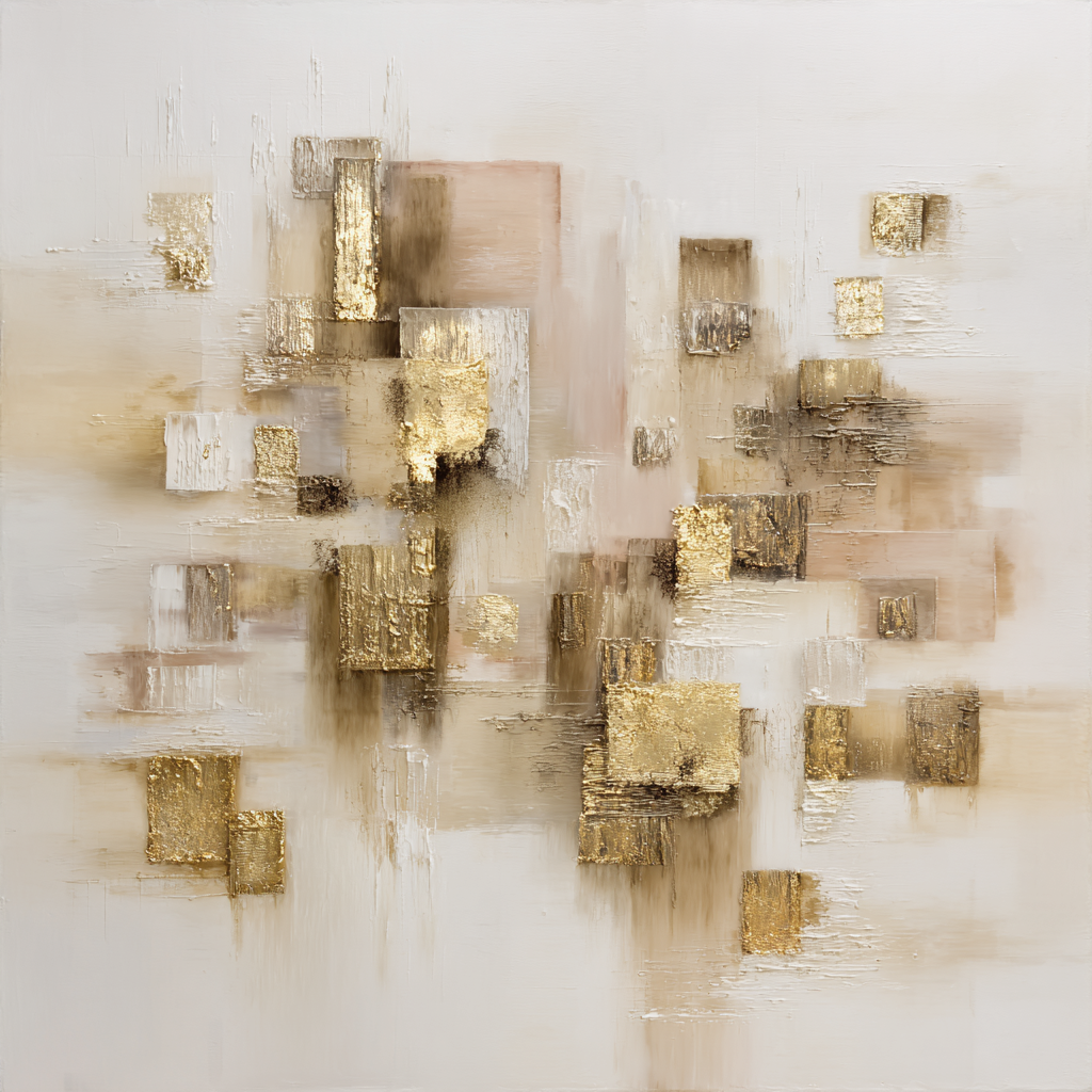 Abstract kunstwerk in beige en wit met goudaccenten en zachte overgangen
