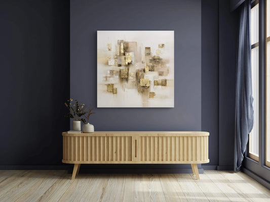 Abstract schilderij met gouden accenten boven houten dressoir in modern interieur met donkerblauwe muur

