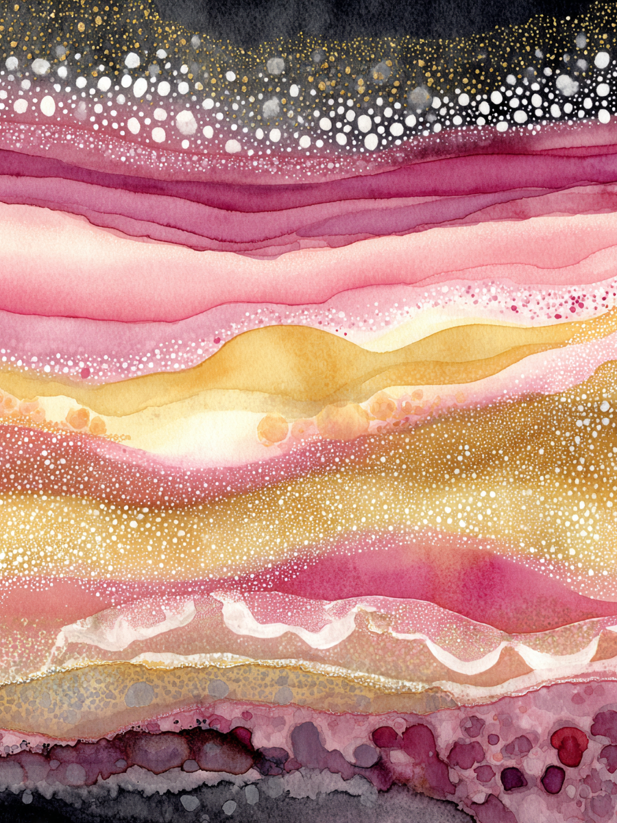 Abstract schilderij in roze, goud en paars tinten met warme gloed en elegante gelaagdheid
