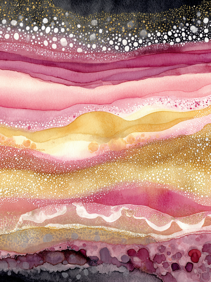 Abstract schilderij in roze, goud en paars tinten met warme gloed en elegante gelaagdheid
