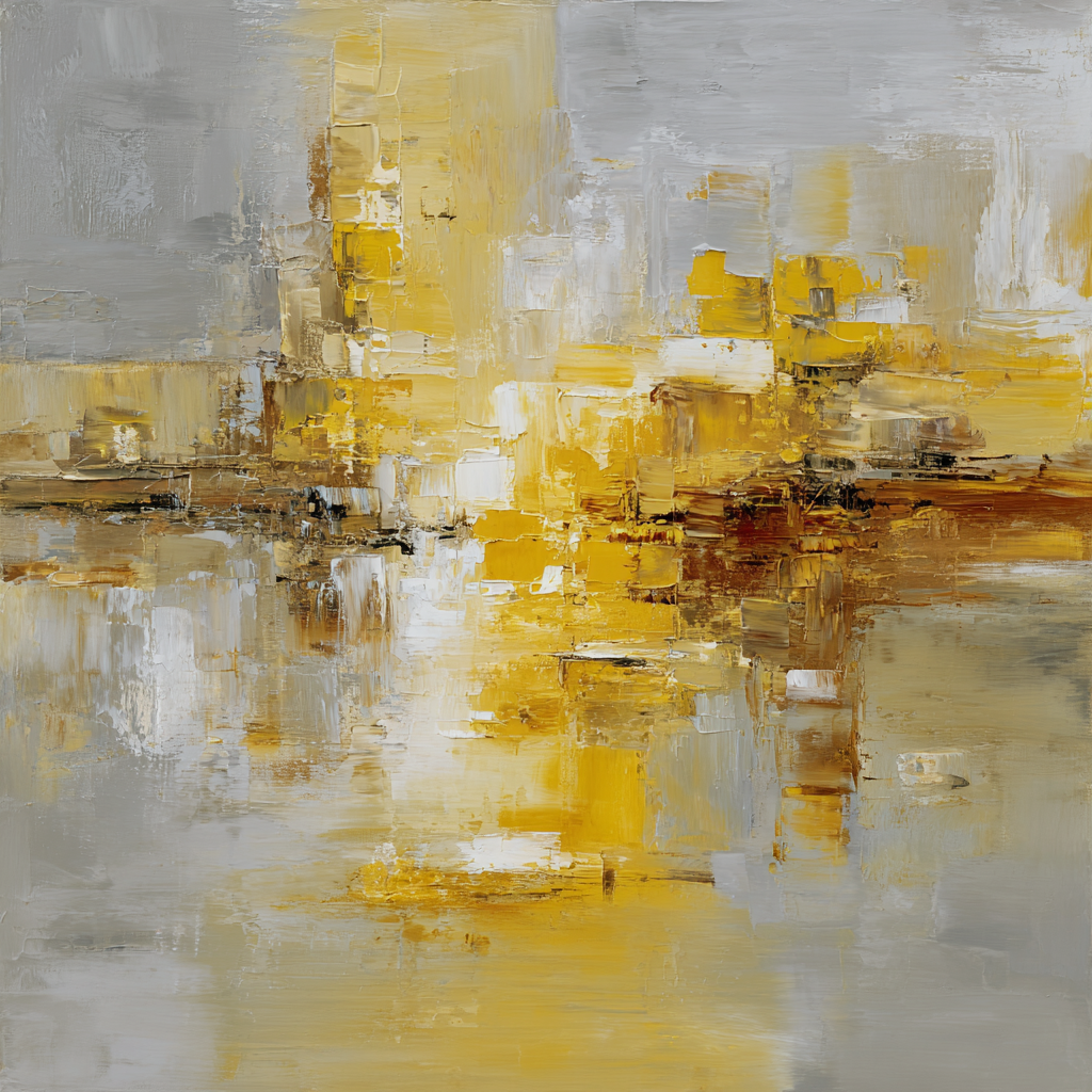 Abstracte compositie in goud, grijs en wit met warme gloed en subtiele diepte
