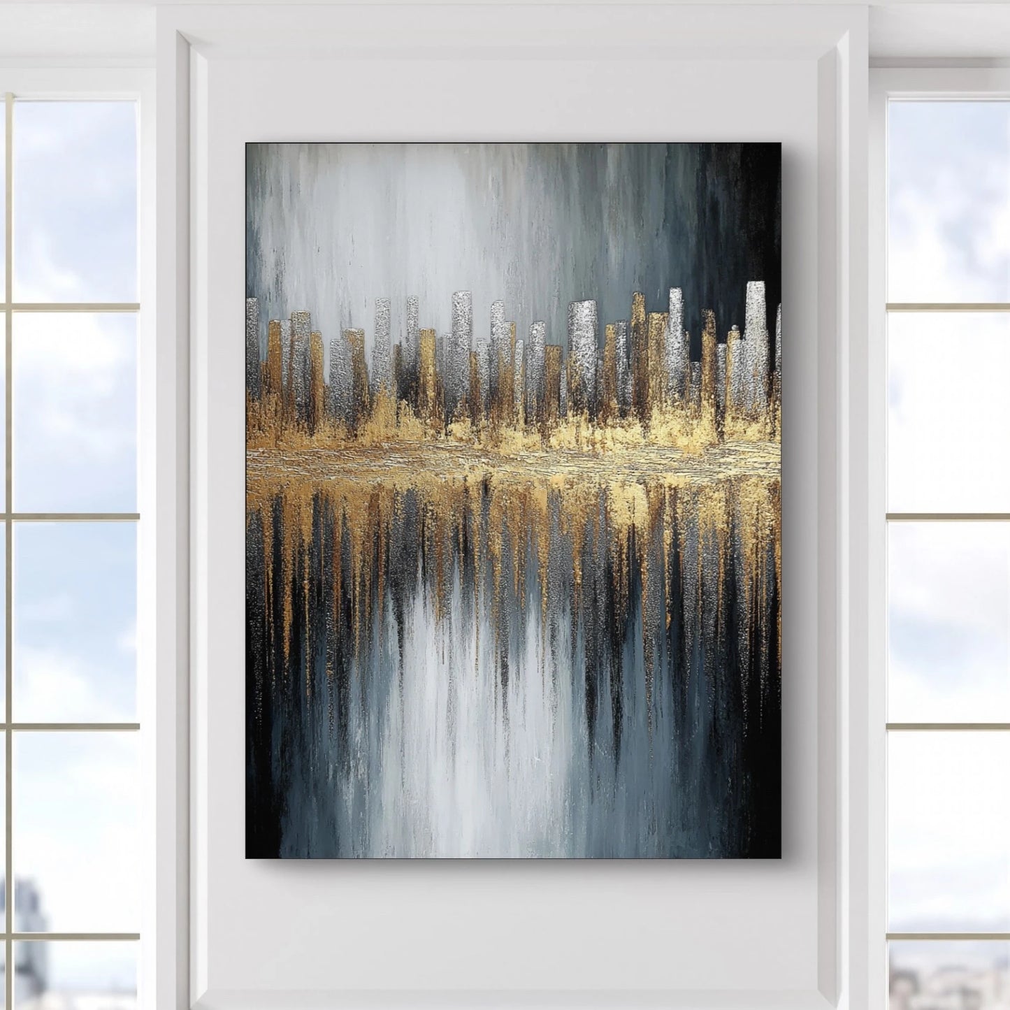 Detail van verticale penseelstreken in goud en grijs met reflecterende structuur
