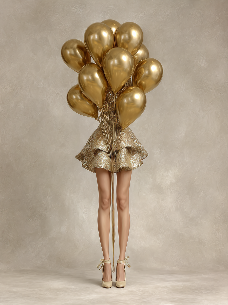 Volledige weergave van Golden Air met elegante benen en gouden ballonnen
