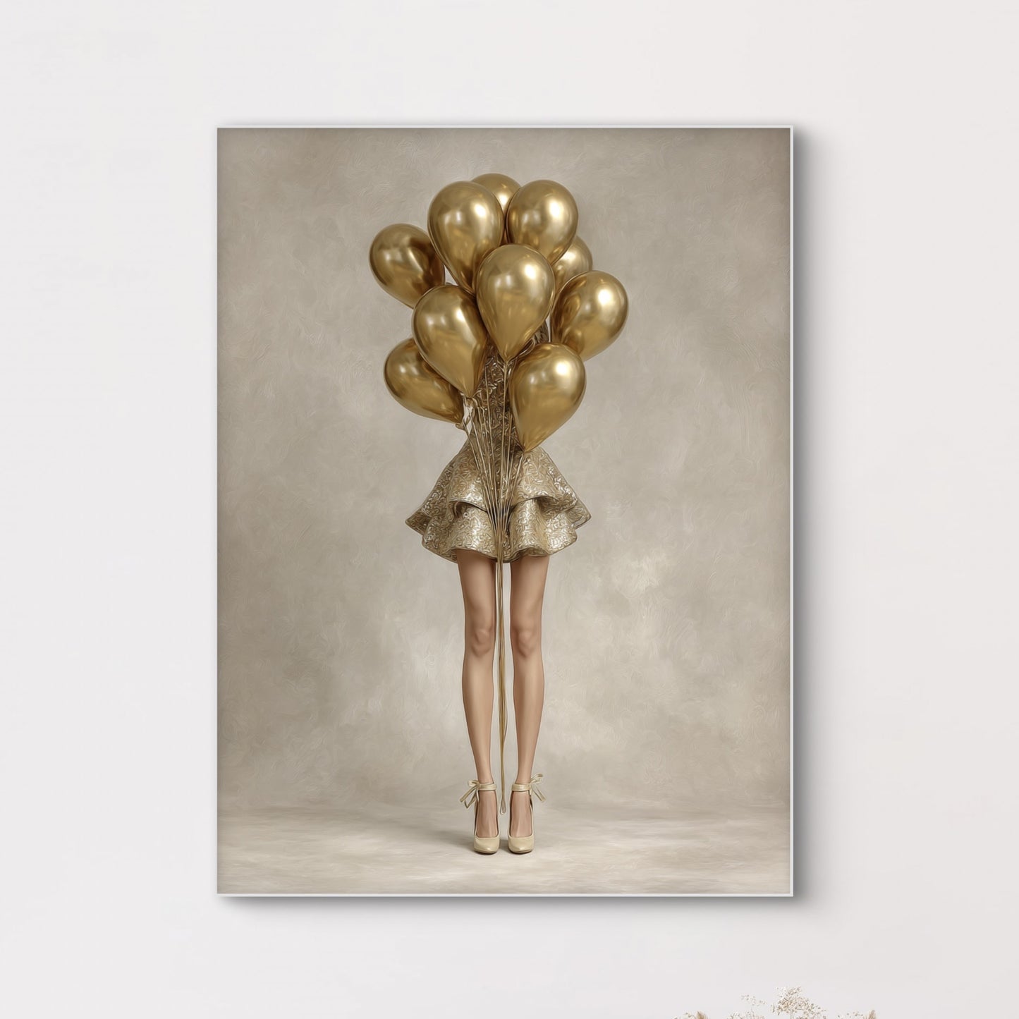 Detail van Golden Air met vrouw en gouden ballonnen in zachte beige tinten
