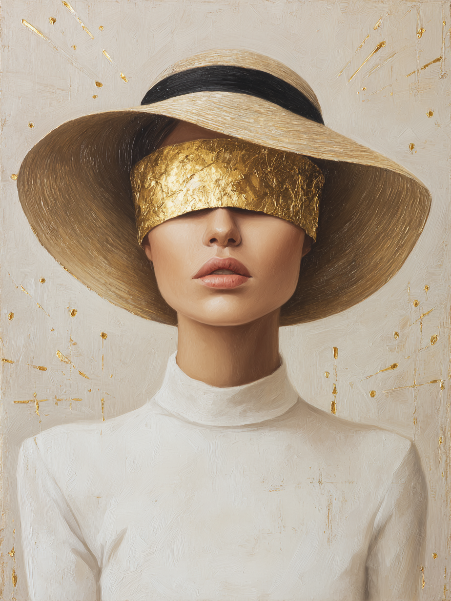 Volledige weergave van Golden Veil met serene vrouw in witte kleding en gouden accenten
