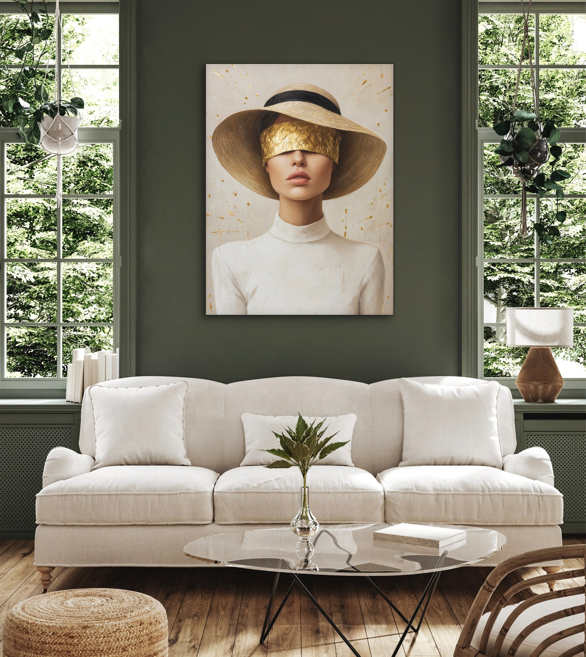 Kunstwerk Golden Veil aan de muur boven beige bank in stijlvol interieur met groene wanden
