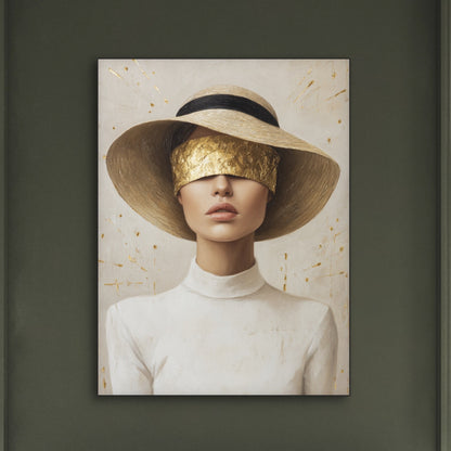 Detail van Golden Veil met vrouw in hoed en gouden blinddoek
