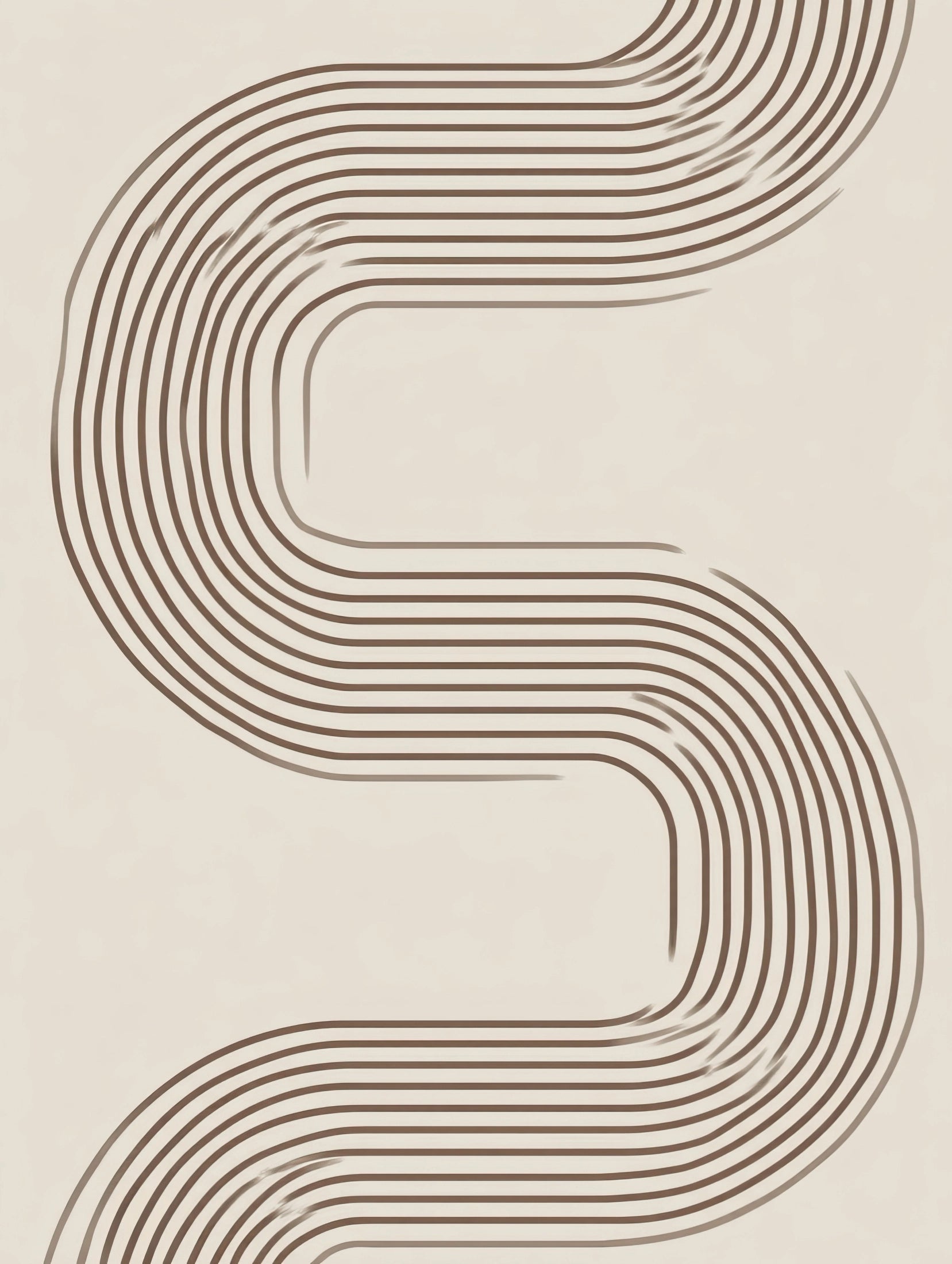 Volledig textielkunstwerk met symmetrische golvende lijnen in een S-vorm op neutrale achtergrond
