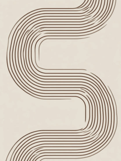 Volledig textielkunstwerk met symmetrische golvende lijnen in een S-vorm op neutrale achtergrond
