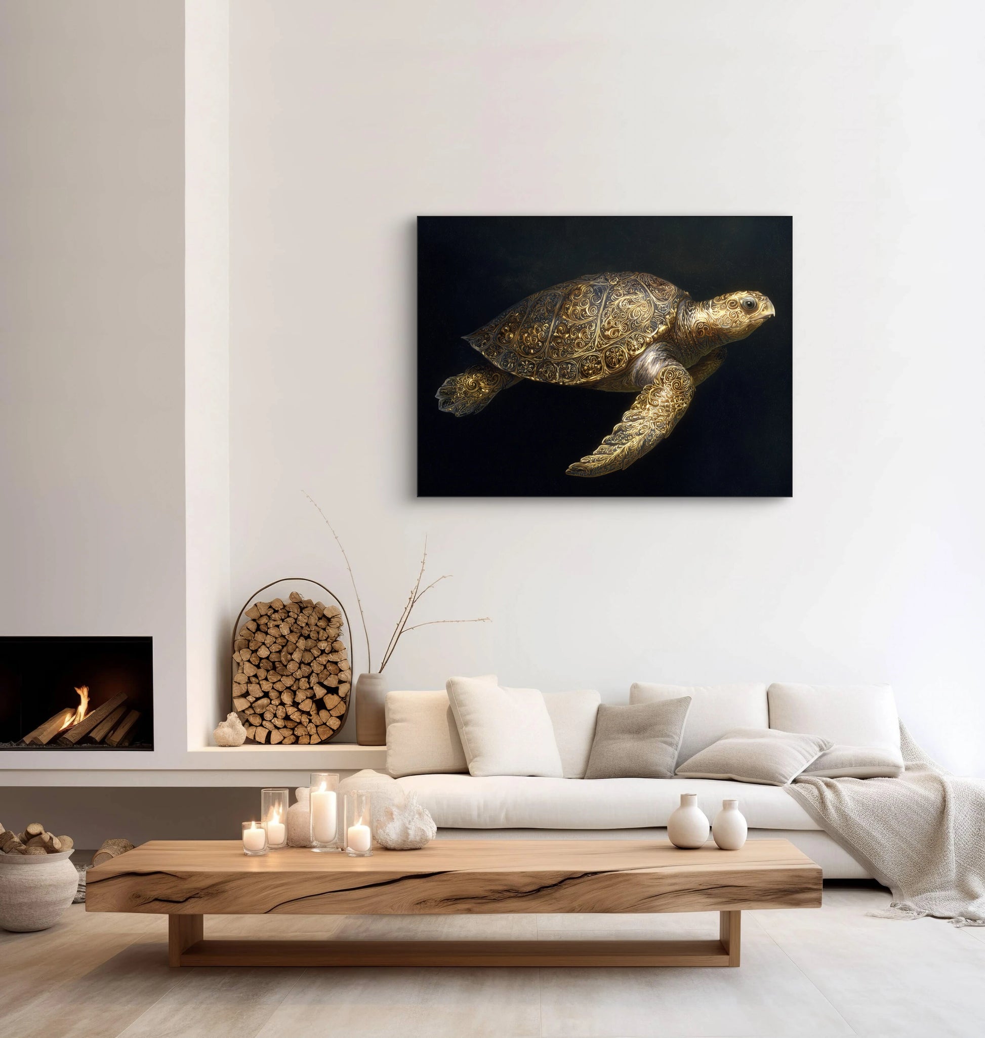 Mock-up van Gouddrager aan de muur boven een moderne beige bank met houten tafel  
