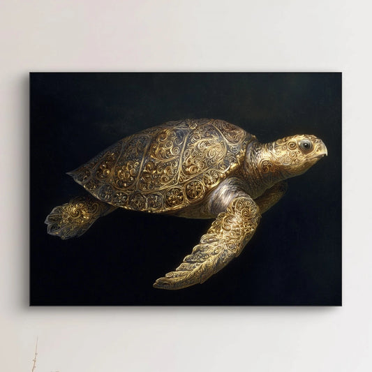 Detailopname van Gouddrager met schildpad en gouden patronen tegen donkere achtergrond  
