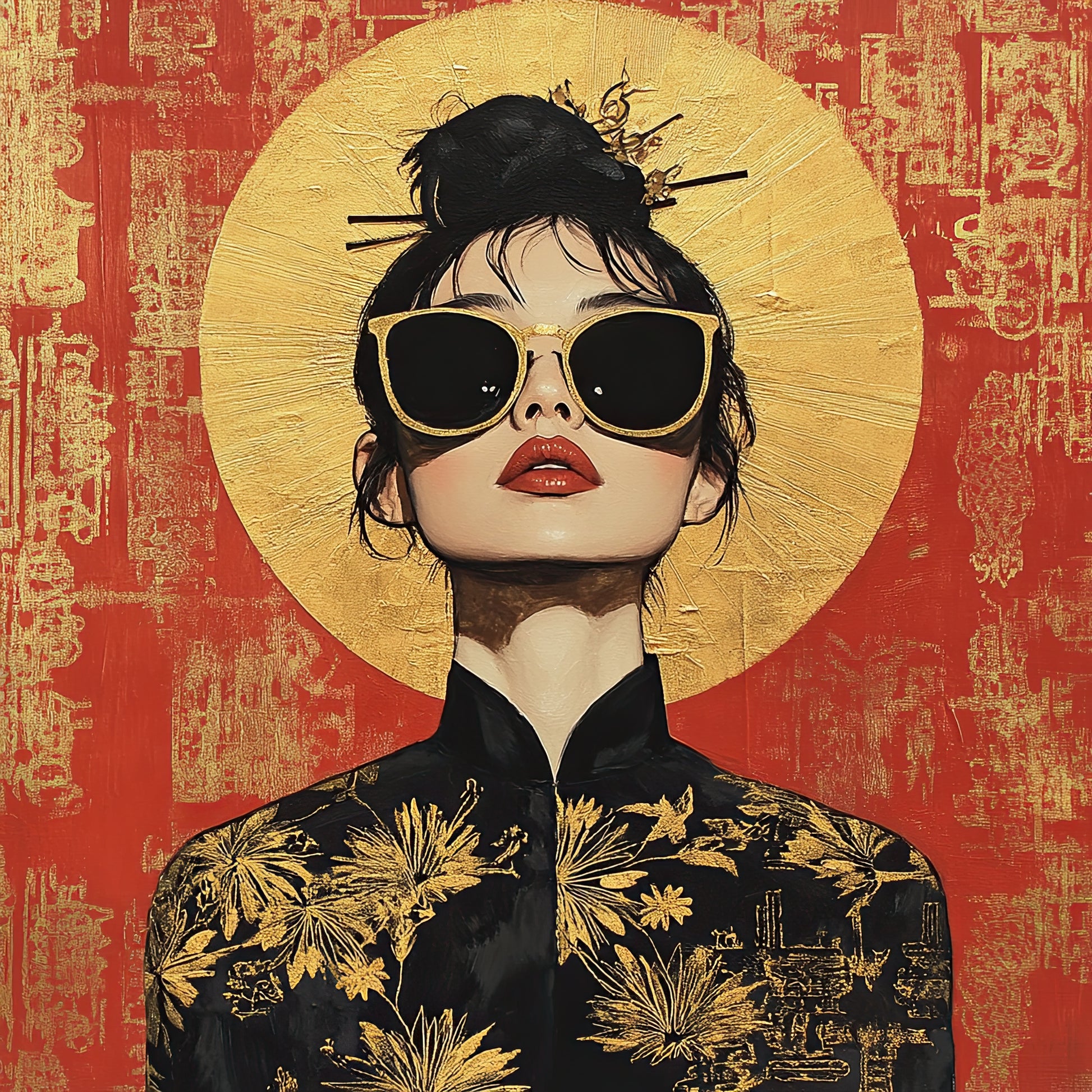 Volledige weergave van Gouden Gloed met vrouw en gouden aureool op rode achtergrond  
