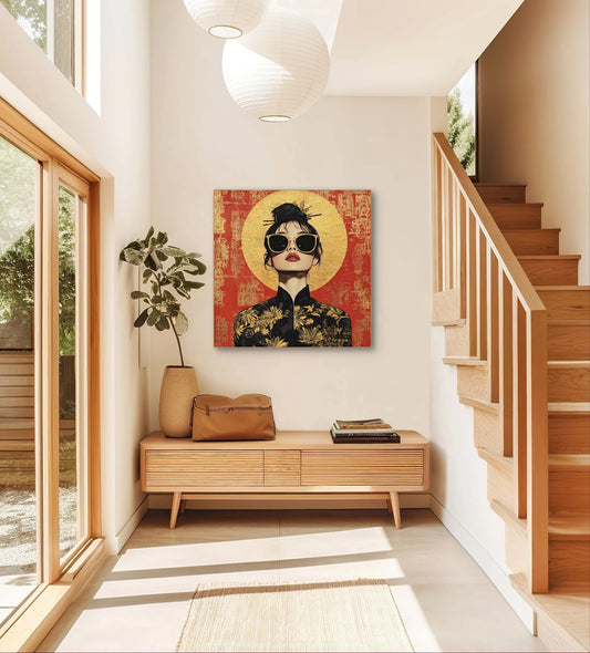 Textielkunstwerk Gouden Gloed boven houten bankje in lichte hal met trap en zonlicht  
