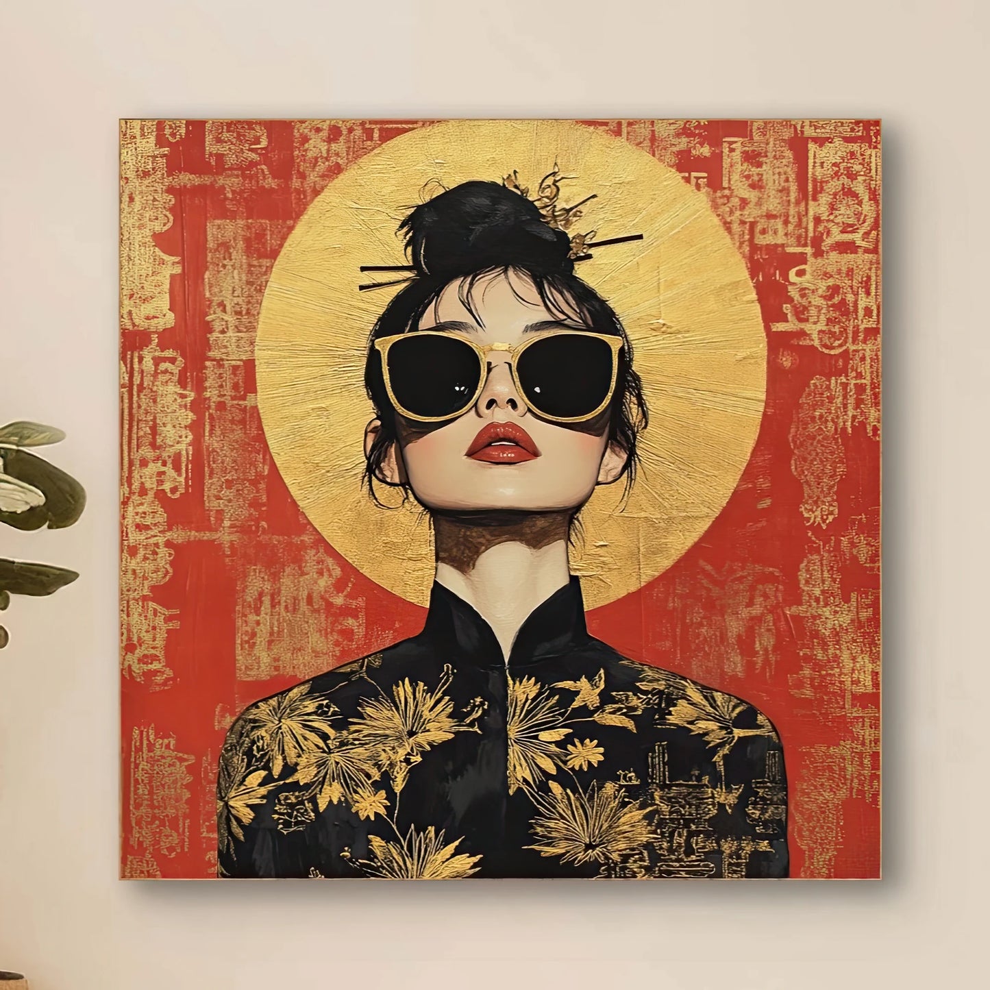 Detail van Gouden Gloed met vrouw in zwarte jurk met gouden bloemen en ronde zonnebril  
