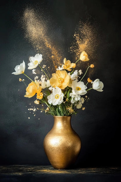 Volledige weergave van Gouden Moment met bloemen in gouden vaas en glinsterend effect
