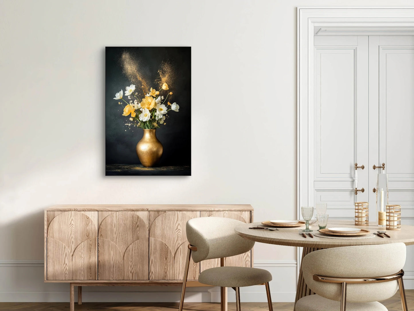 Textielkunstwerk Gouden Moment boven houten dressoir in elegante eetkamer
