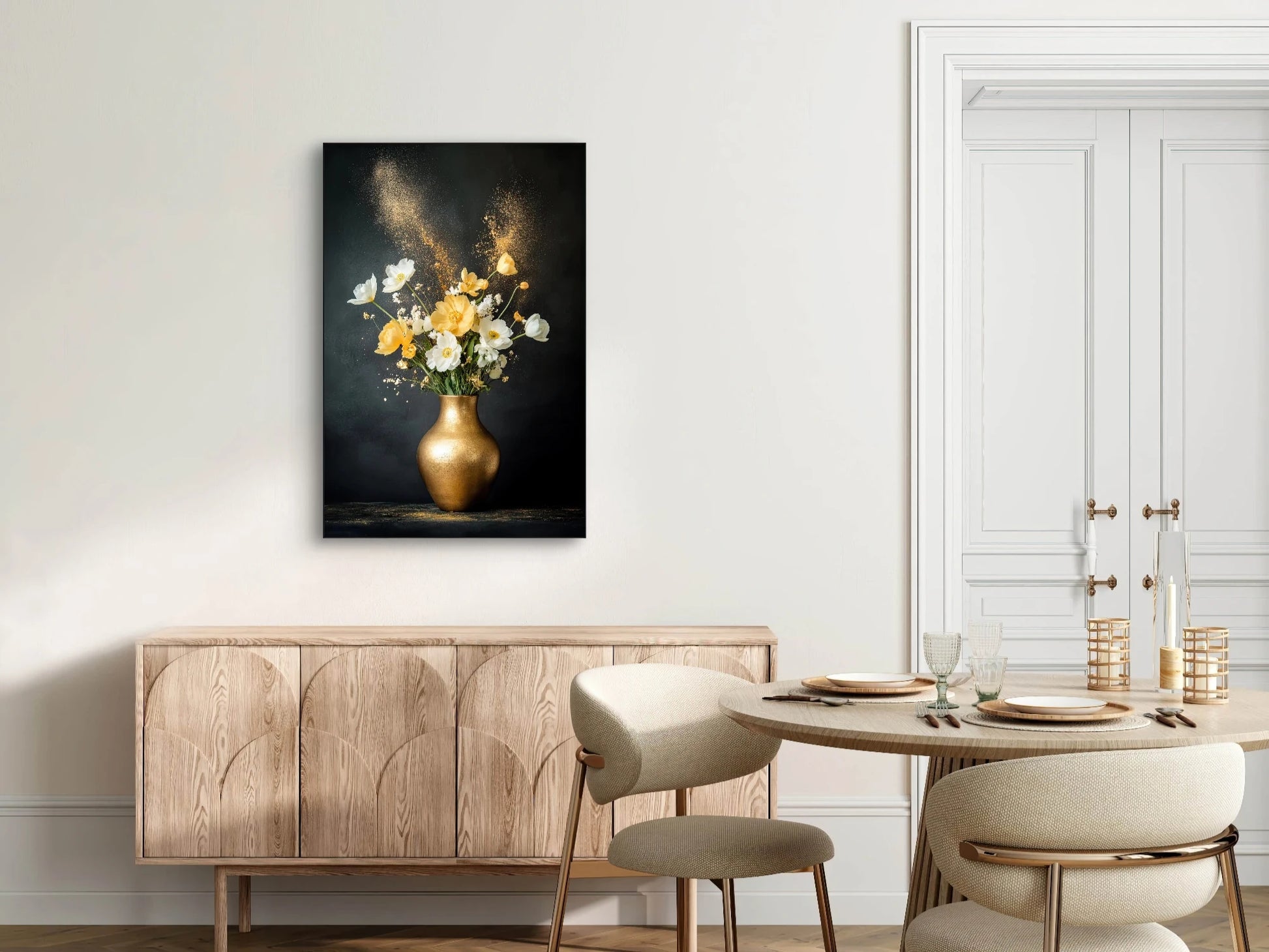 Textielkunstwerk Gouden Moment boven houten dressoir in elegante eetkamer
