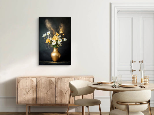 Textielkunstwerk Gouden Moment boven houten dressoir in elegante eetkamer
