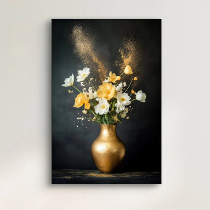 Detail van gouden vaas met witte en gele bloemen en zwevend goudstof
