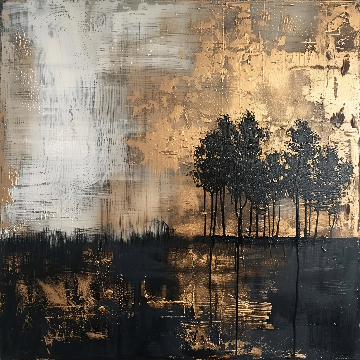 Volledige afbeelding van sfeervol kunstwerk met reflecterende goudtinten en natuurlijke vormen
