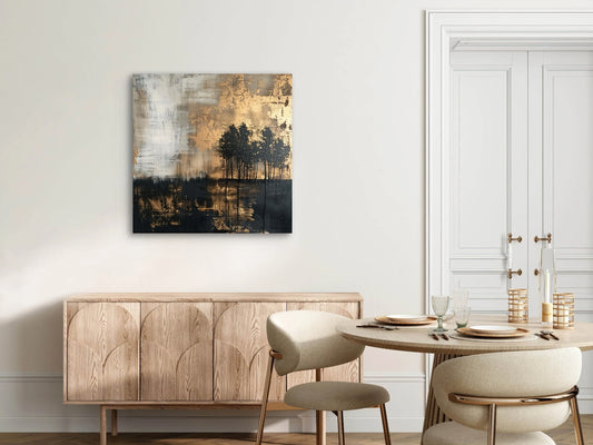 Luxe wanddecoratie met bomen in goud, zwart en grijs in een elegant interieur met lichte houten meubels
