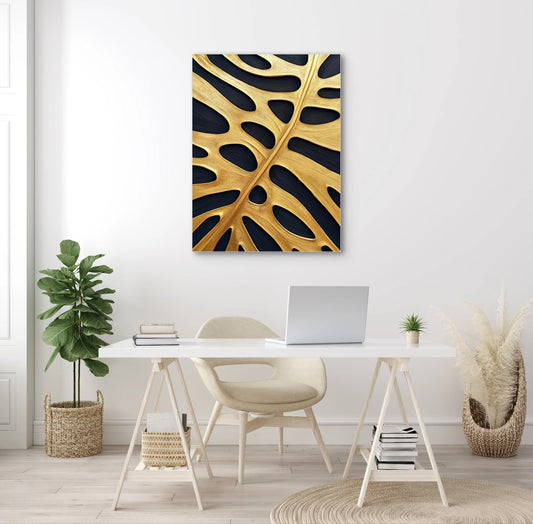 Wandkunst met gouden bladstructuur in licht interieur met wit bureau en natuurlijke accenten
