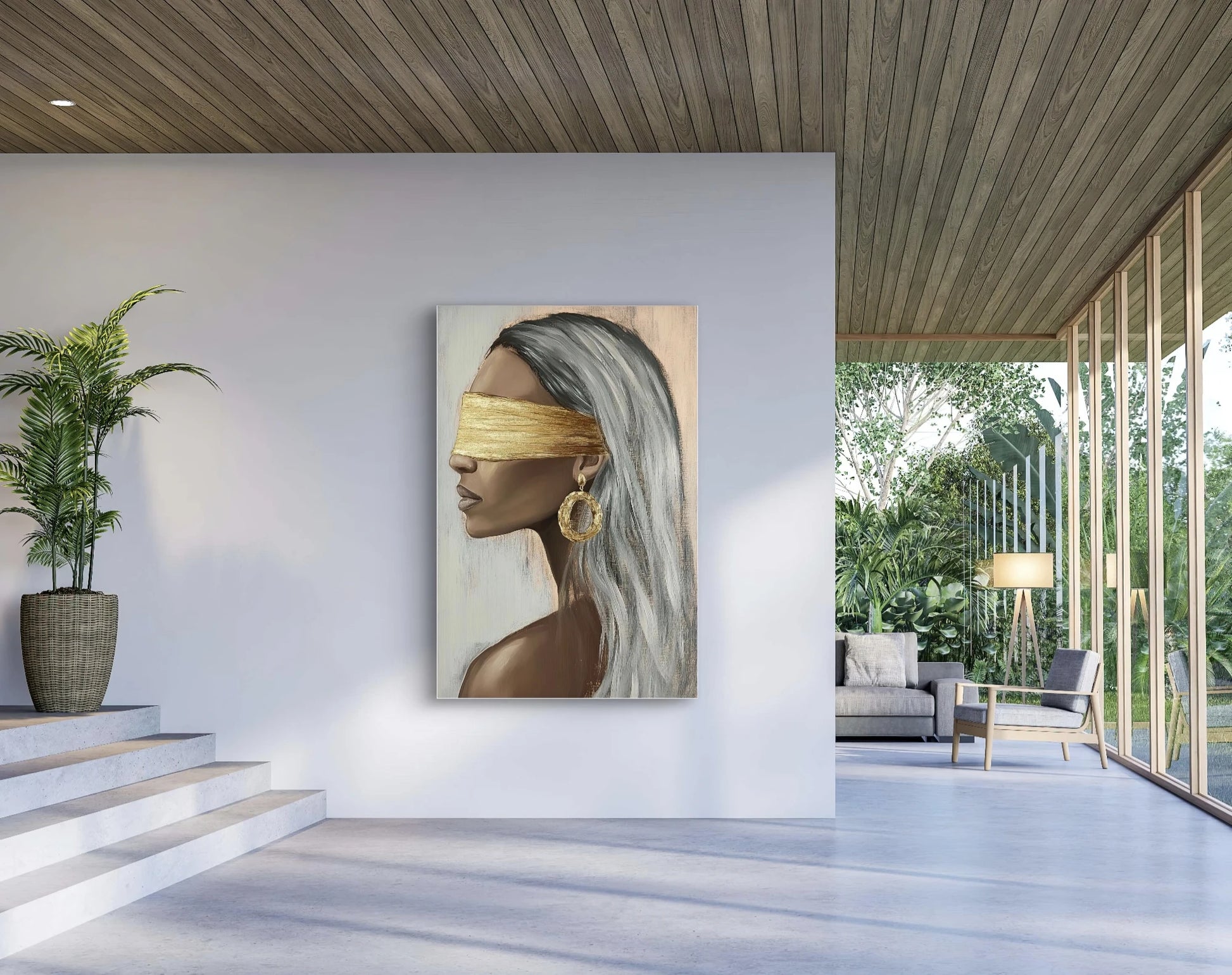 Textielkunstwerk Gouden Stilte in moderne ruimte met houten plafond en veel daglicht  
