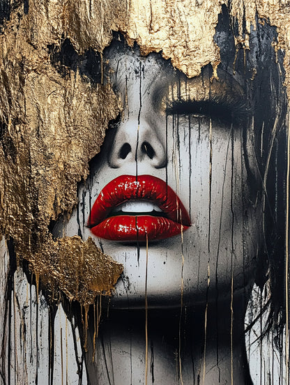 Volledige weergave van Goud en Stilte, vrouwelijk portret in zwart-wit met rode lippen en bladgoud  
