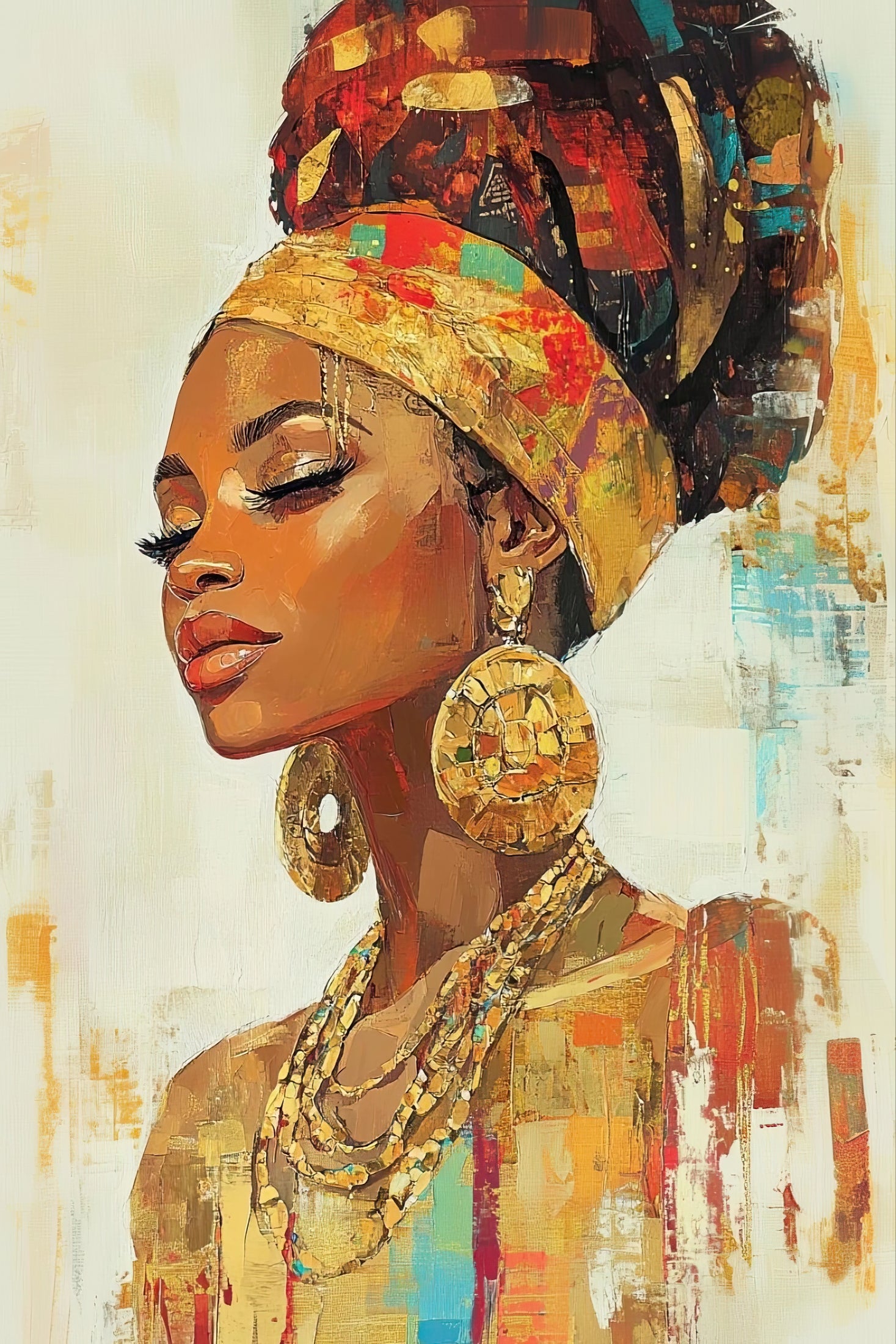 Volledige weergave van Gouden Trots met vrouw in warme aardetinten en expressieve penseelstreken  
