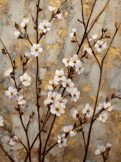 Volledig kunstwerk Gouden Bloei met witte bloesemtakken op een zachte gouden achtergrond
