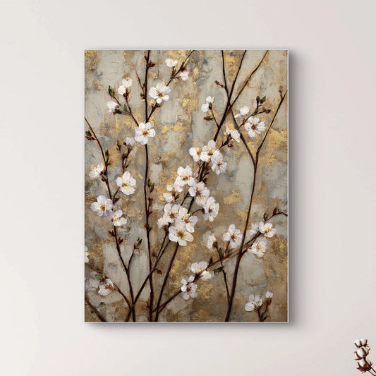 Detail van kunstwerk Gouden Bloei met bloesemtakken en gouden accenten
