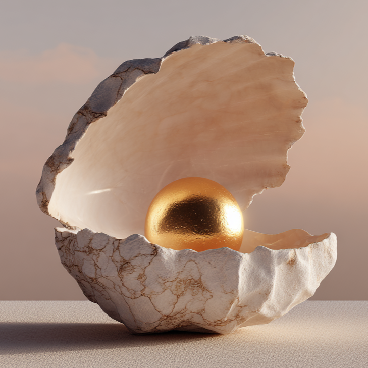 Gouden Oester, artistiek kunstwerk van oester met gouden parel in zacht licht
