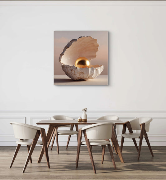 Interieur met wandkunst Gouden Oester, kunstwerk van een open oester met gouden parel
