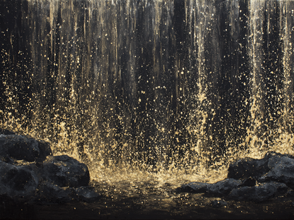 Abstracte compositie in goud en zwart met vallend licht en glinsterende textuur
