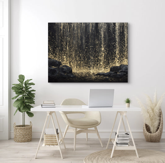 Abstract kunstwerk in goud en zwart tonen boven bureau in lichte ruimte
