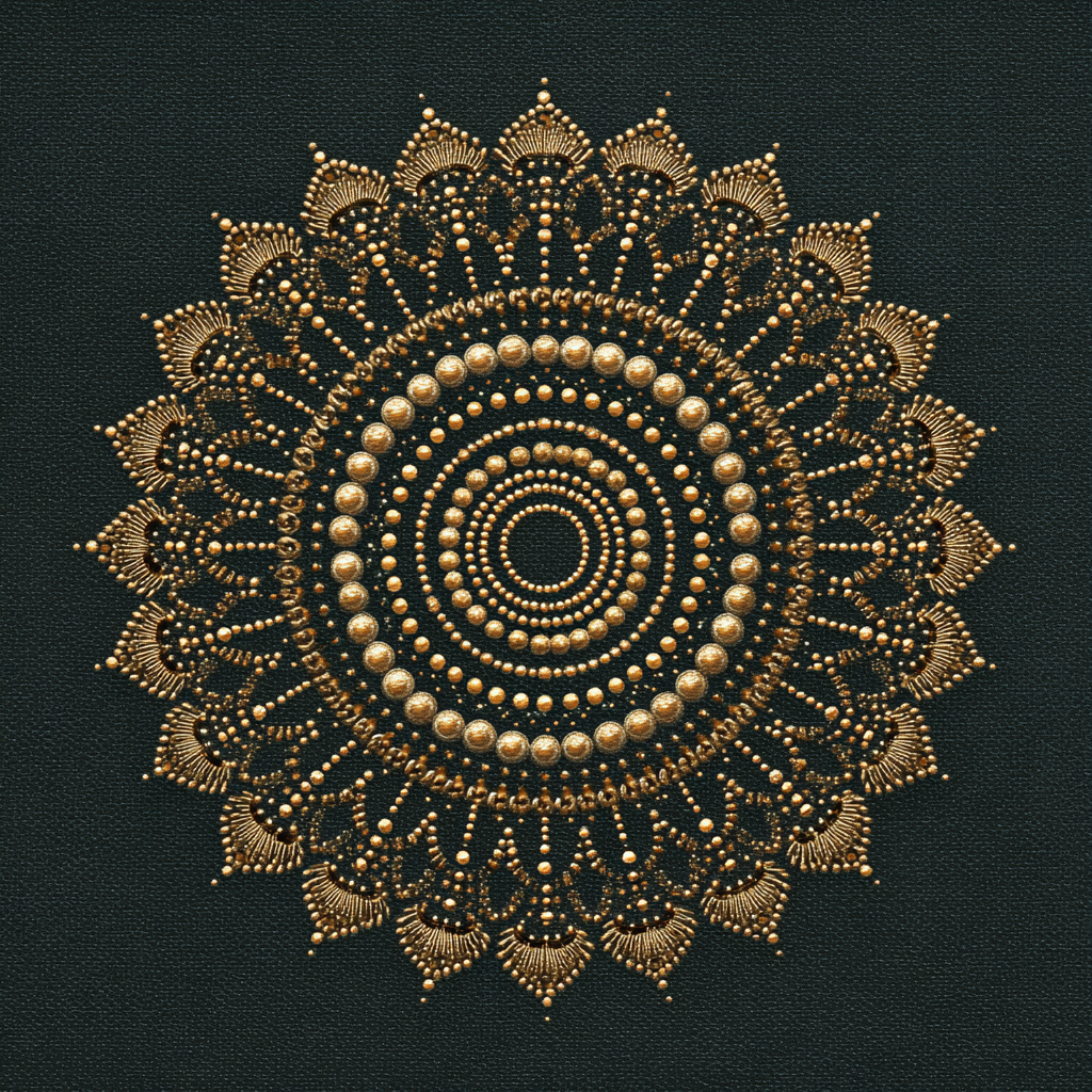 Gouden Resonantie toont een symmetrisch patroon van cirkels en lijnen in goud, vol balans en energie.
