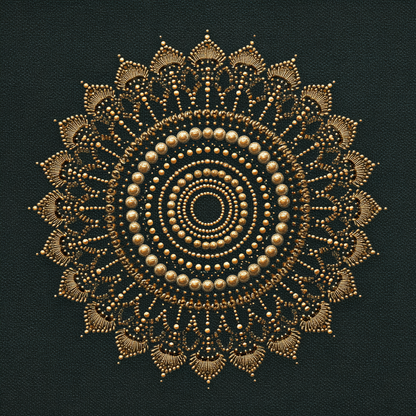 Gouden Resonantie toont een symmetrisch patroon van cirkels en lijnen in goud, vol balans en energie.
