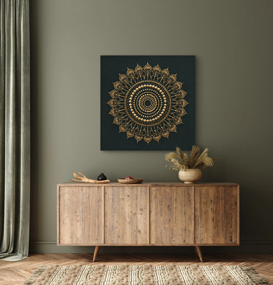 Kunstwerk Gouden Resonantie boven een houten dressoir in een kamer met olijfgroene muren en warme accenten.
