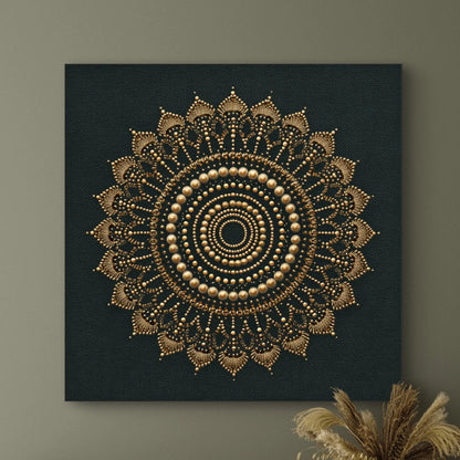 Detail van kunstwerk Gouden Resonantie met gouden patronen en textuur tegen een diepe achtergrond.
