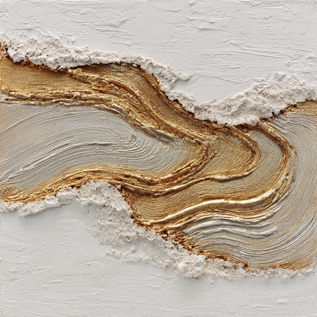 Abstract kunstwerk Gouden Stroming met vloeiende gouden lijnen op een lichte structuurachtergrond.
