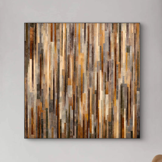 Detail van het abstracte kunstwerk Gouden Structuur met verticale lijnen in koper- en goudkleuren
