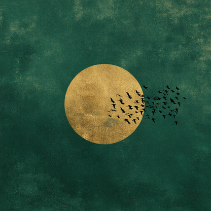 Kunstwerk Gouden Vlucht met gouden zon en zwerm vogels op een donkergroene achtergrond.
