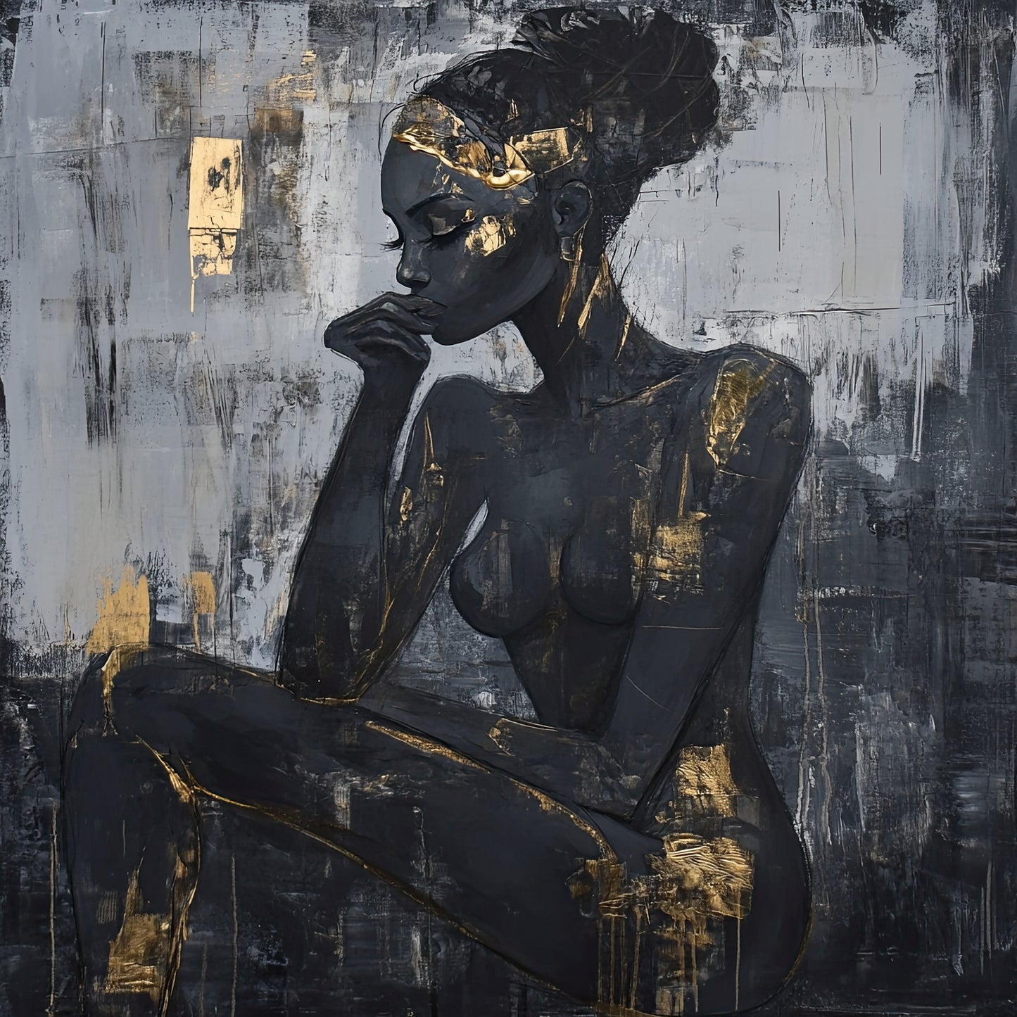 Volledige weergave van Goud in Gedachten met abstract vrouwelijk silhouet in zwart en goud  
