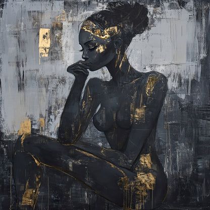 Volledige weergave van Goud in Gedachten met abstract vrouwelijk silhouet in zwart en goud  
