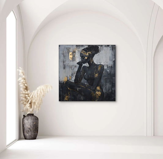 Textielkunstwerk Goud in Gedachten boven witte boogwand in serene ruimte met pampagras  
