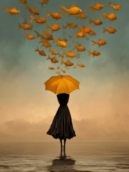 Volledige weergave van Goudstroom met vrouw, paraplu en vliegende vissen in warme tinten
