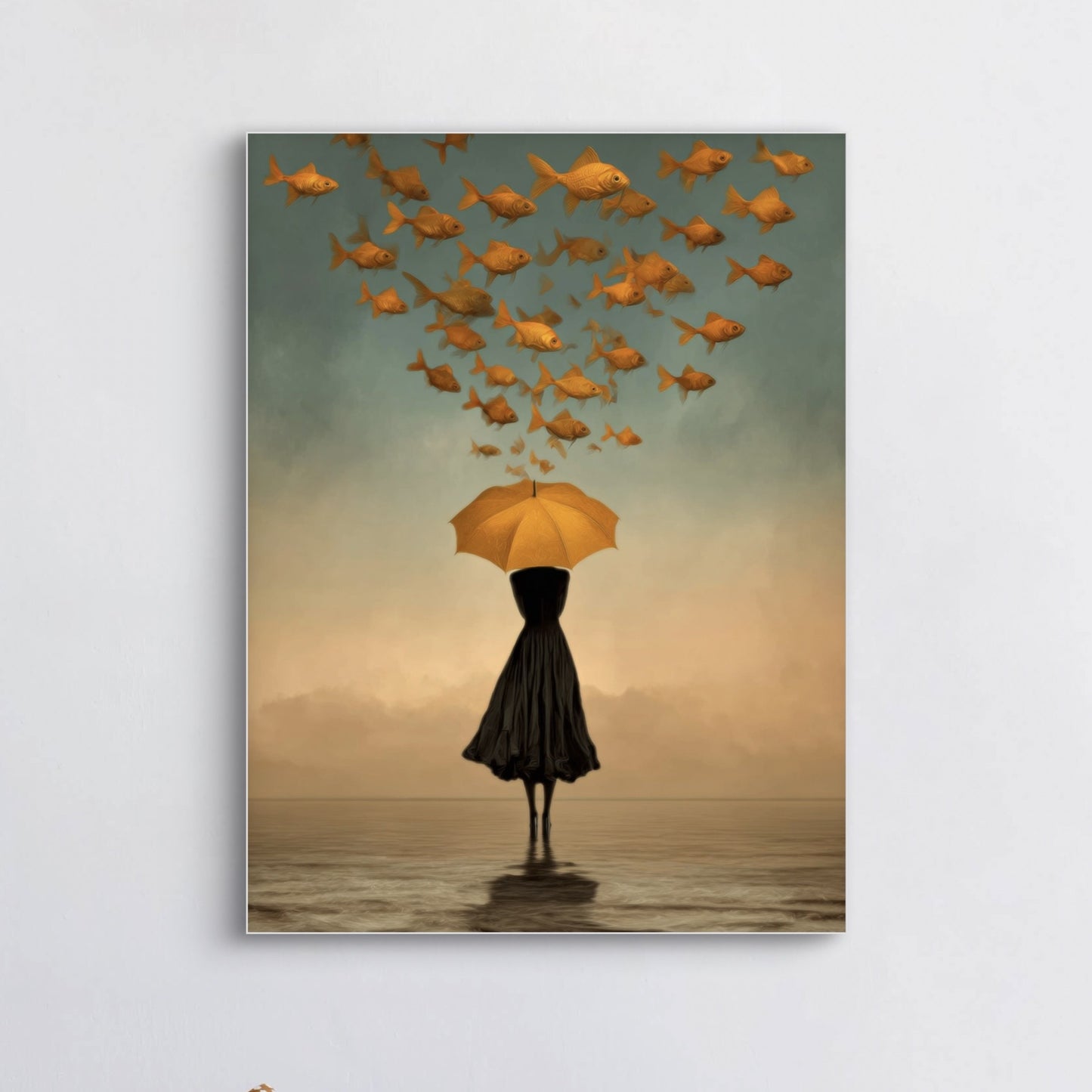 Detail van Goudstroom met vrouw onder paraplu en gouden vissen in de lucht
