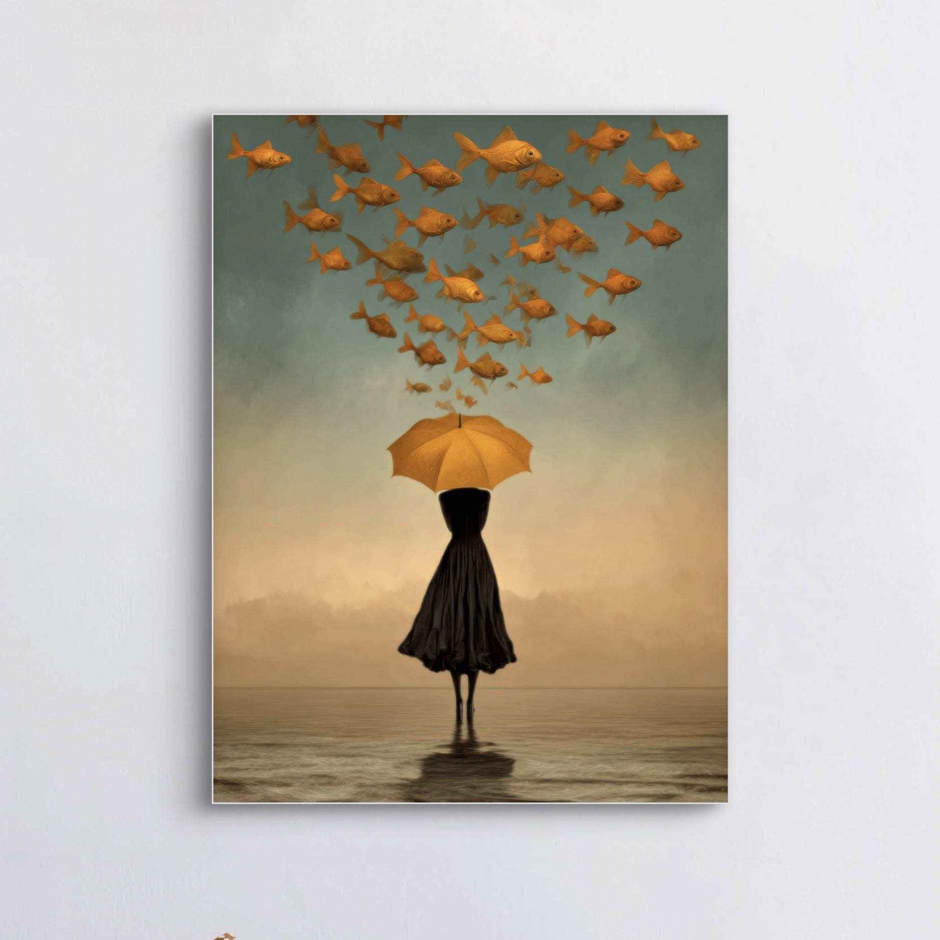 Detail van Goudstroom met vrouw onder paraplu en gouden vissen in de lucht
