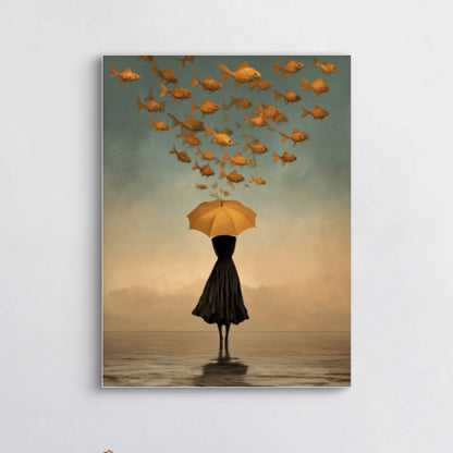 Detail van Goudstroom met vrouw onder paraplu en gouden vissen in de lucht
